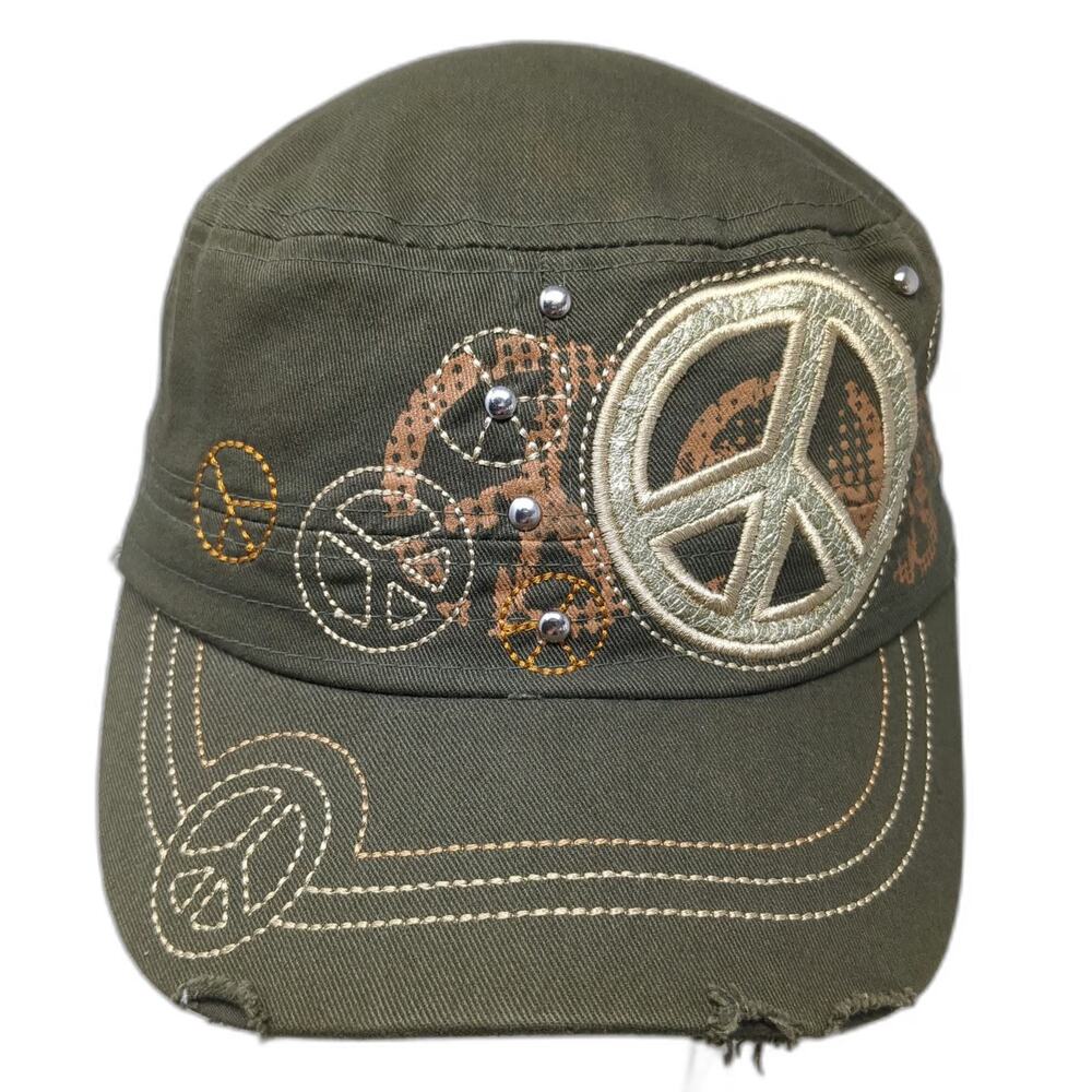 KB Ethos 5 Panel Green One Size Peace Sign Distressed Studs Army Cadet Hat